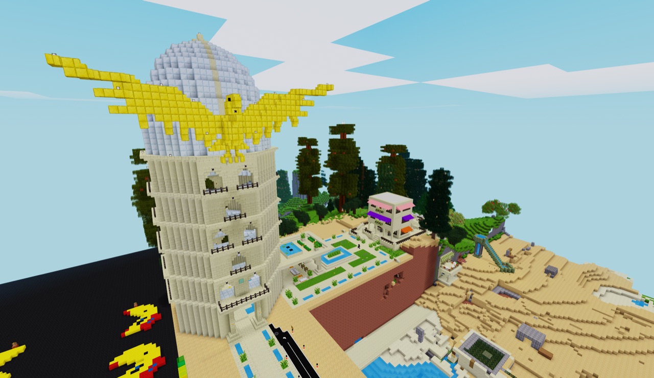 Leaning tower crowned with a golden phoenix beside a beach town