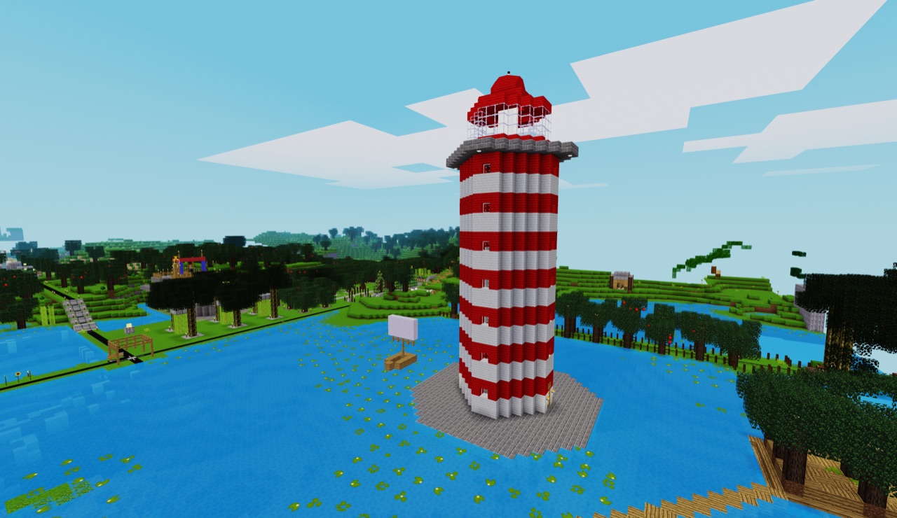 Red-and-white lighthouse on a small island
