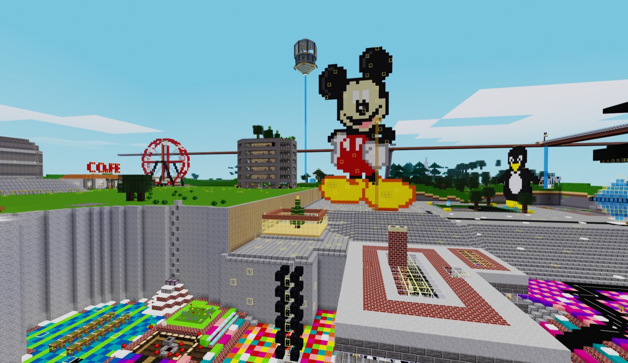 Pixel-art Mickey Mouse build in the cityscape