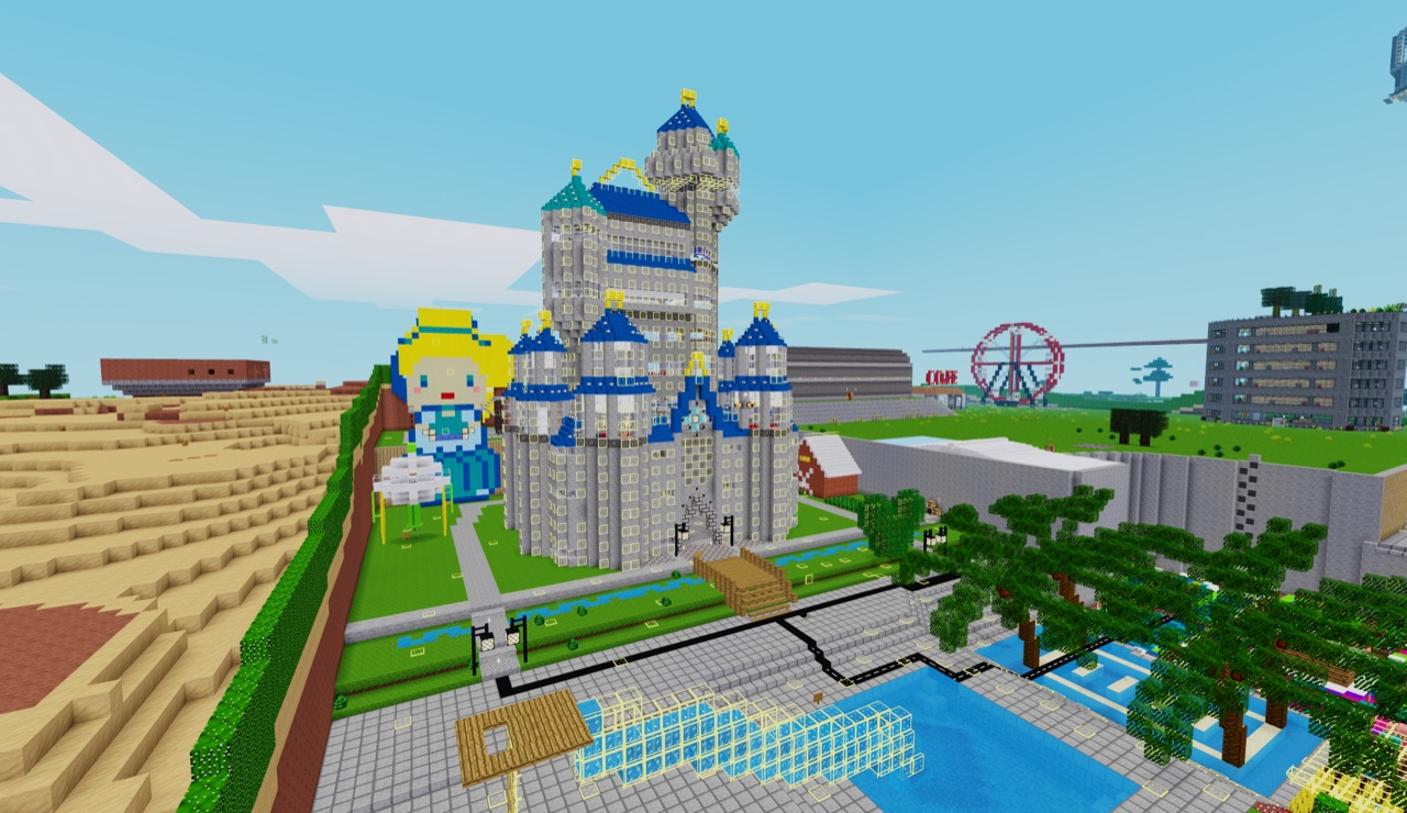 Blue castle with a Ferris wheel and a poolside plaza