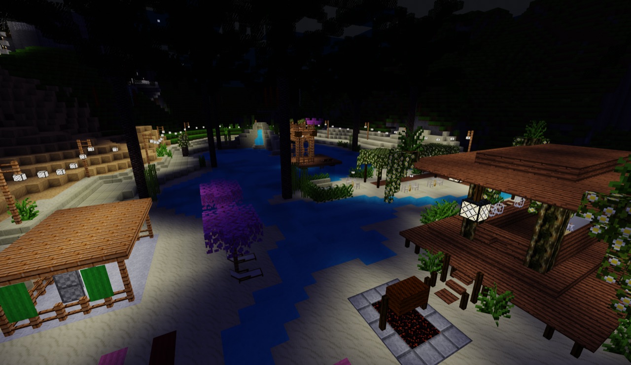Night scene with palm trees and lanterns by the water